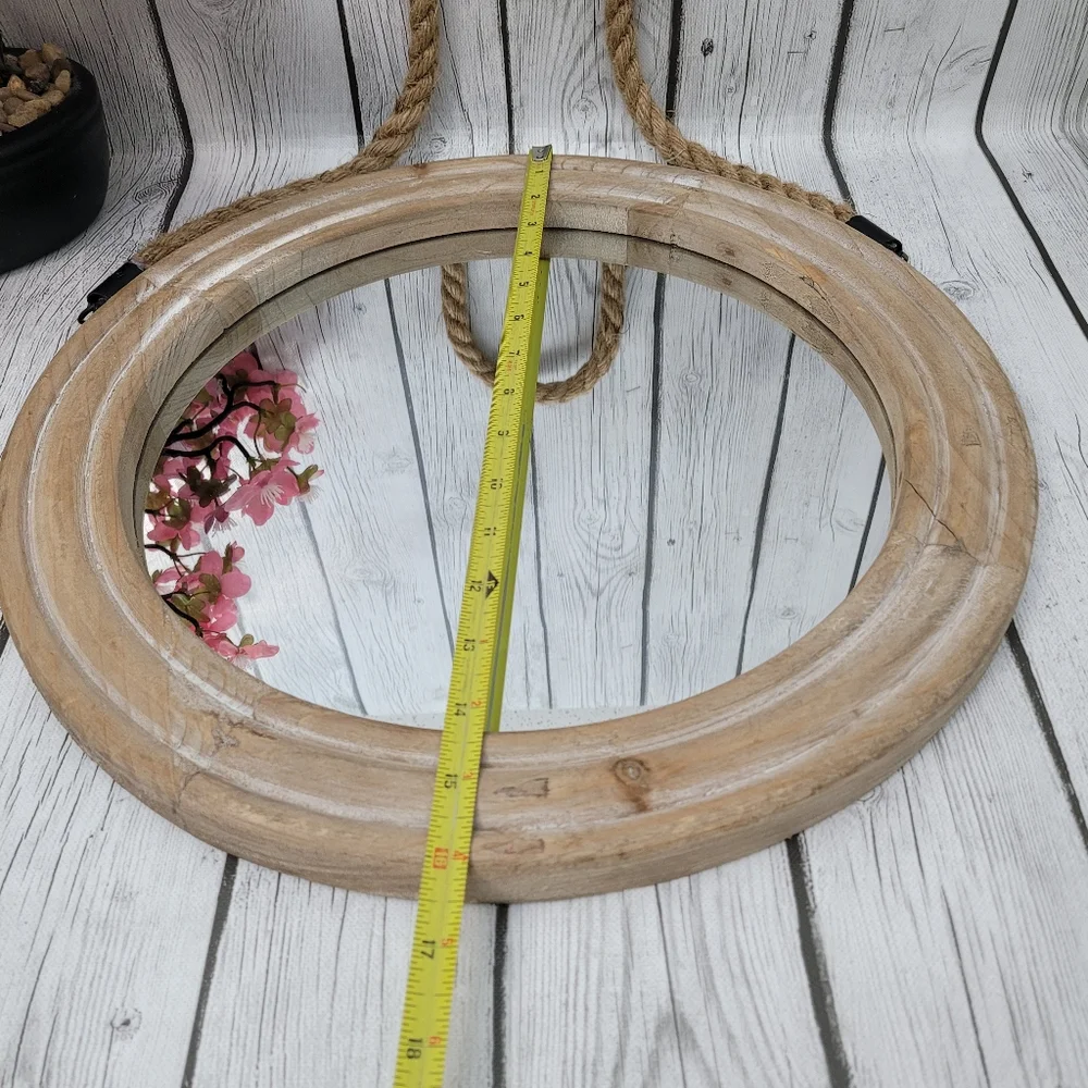 Decorative Rustic Mirror with Solid Wood Frame & Rope Hanging